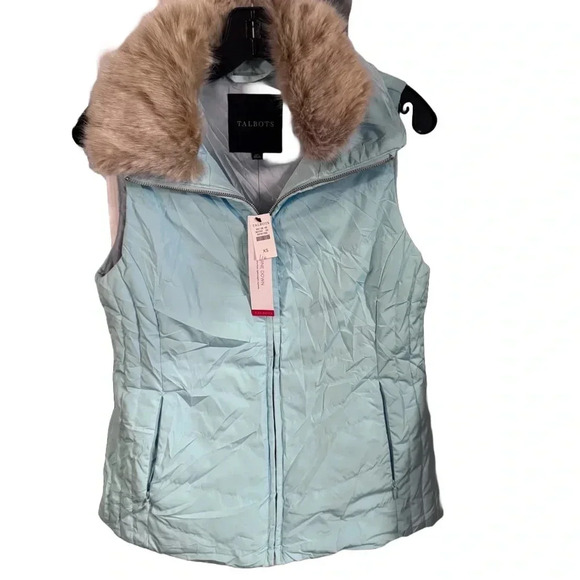 TALBOTS Tiffany Blue Quilted Down Vest w/ Removable Faux Fur Collar Sz. XS NWT - Picture 1 of 12